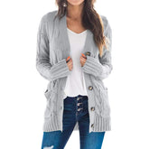 Ropa de otoño e invierno para mujer, cárdigan informal, abrigo de color liso con botones torcidos, suéter para mujer
